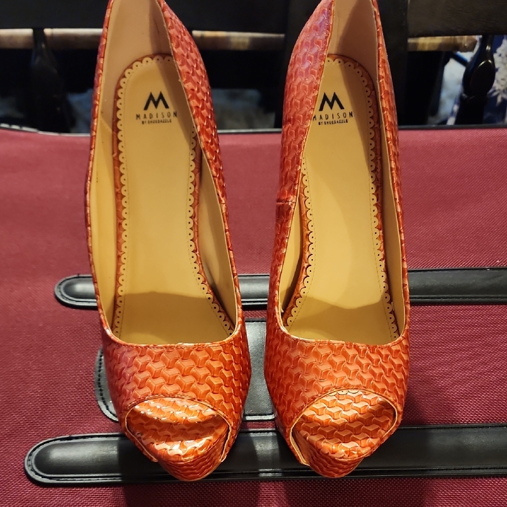 Madison Orange Textured Heels Peep-Toe Pumps